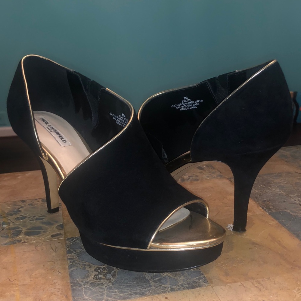 Karl Lagerfeld Paris black and gold side peep heels